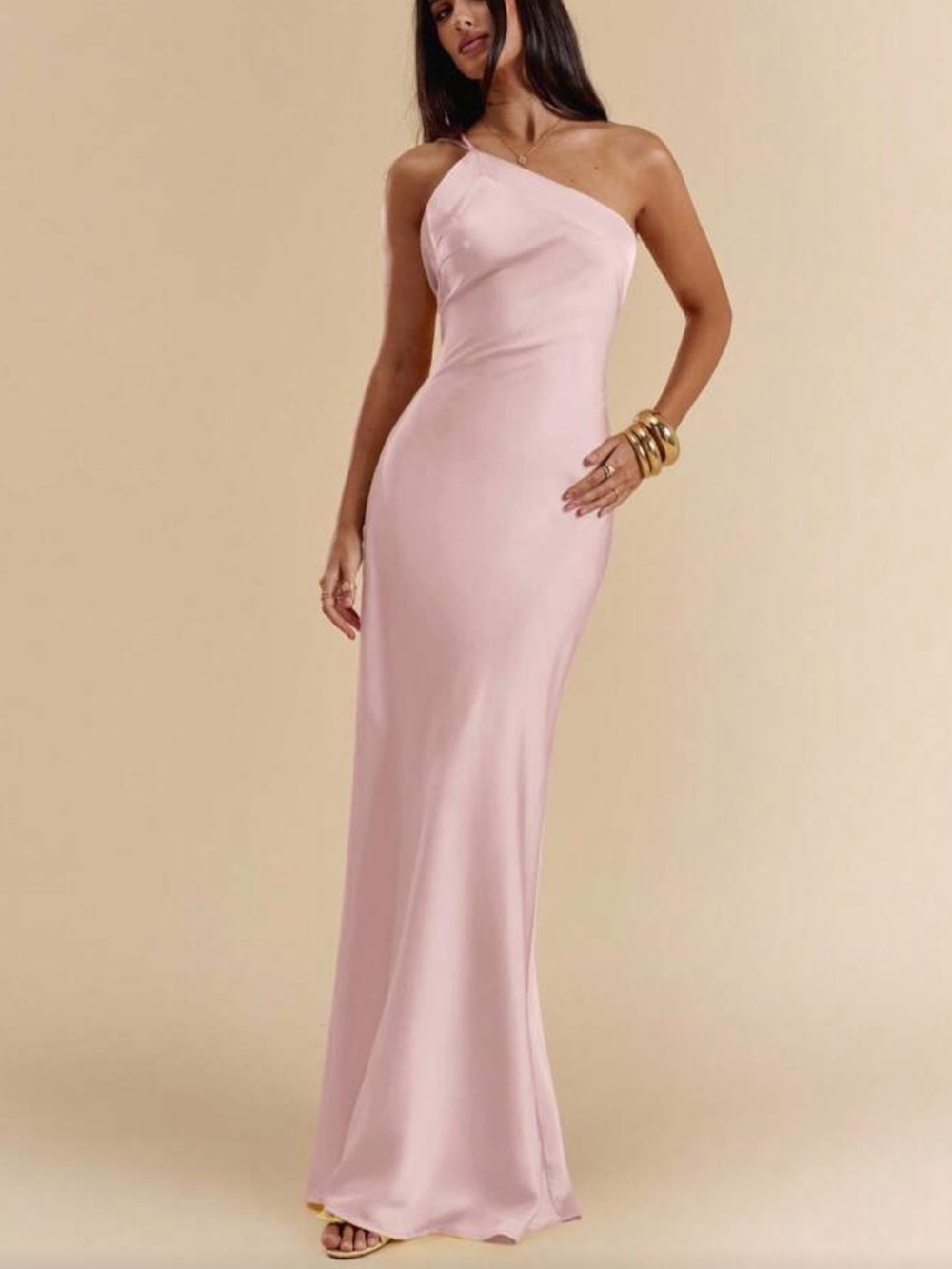 Pink One-Shoulder Satin Evening Gown